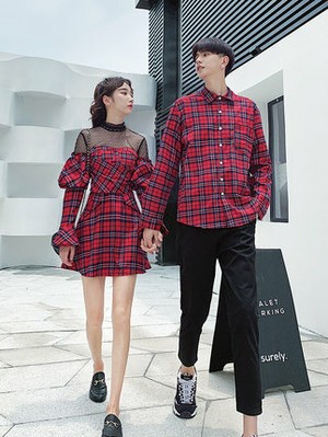 赤 チェック シャツ シースルー ドレス ワンピース 0455 カップル ペアルック リンクコーデ カジュアル お揃い 夫婦 親子 カップルのリンク コーデ専門店 Pair Cele ペアセレ