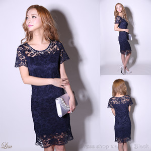 パーティードレス 12 960 8 6 税込 2色展開 結婚式 袖あり 膝丈 黒 ネイビー ドレス Ma 517 Dress Shop Make Cat Black ドレスショップメイクキャットブラック