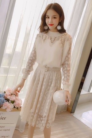 冬新商品 韓国 パーティードレス ニット レースお呼ばれワンピース 長袖 ひざ下 春マキシワンピース 総レース フリ 韓国ファッション レディース パーティー ブライダル お取り寄せ お呼ばれ コーデ 結婚式 二次会 セレブ セクシー 代 30代 40代きれいめ 送料無料