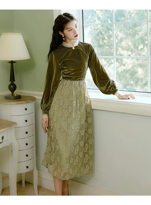 チャイナ風ワンピース ロング丈ワンピース 改良唐装 改良漢服 チャイナ風服 中華服 改良型チャイナドレス 普段着 S M L 女子会 同窓会 切り替え ベルベット レース グリーン 緑 可愛い スウィート Dresszone