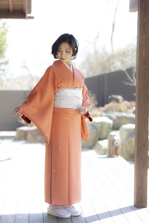 サーモンピンクに菊の飛び柄小紋 サーモンピンクに菊の飛び柄小紋