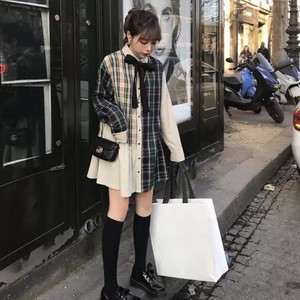 チェック 柄 切り替え リボン タイ ブラウス ワンピース レディース 秋 冬 服 ミニ 丈 長袖 韓国 ファッション ガーリー 前開き Op 0510 Happy Orurea ハッピーオルレア