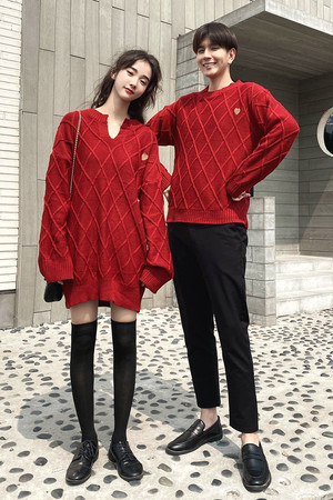 ワンポイント ハート ニット ワンピース 0707 カップル ペアルック リンクコーデ カジュアル お揃い ニットワンピ セーター 夫婦 親子 カップルのリンクコーデ専門店 Pair Cele ペアセレ