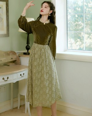 チャイナ風ワンピース ロング丈ワンピース 改良唐装 改良漢服 チャイナ風服 中華服 改良型チャイナドレス 普段着 S M L 女子会 同窓会 切り替え ベルベット レース グリーン 緑 可愛い スウィート Dresszone