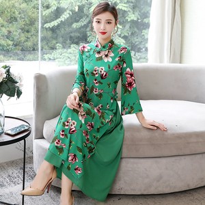 アオザイ ベトナム チャイナ風ワンピース チャイナ風服 中華服 改良唐装 改良漢服 民族風 スタンドネック 長袖 ロング丈 普段着 大きいサイズ M L Ll 3l 4l グリーン 緑 Dresszone