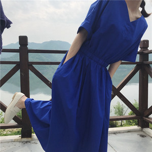 即納 半袖ワンピースコットンドレス ブルー Vネック リゾート 安い 抜け感 開襟 Aライン ロング丈 Aerg アーグ レディースアパレル通販サイト