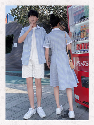 ブルー ストライプ シャツ ワンピース 0923 メンズシャツ カップル ペアルック リンクコーデ カジュアル お揃い デート 夫婦 親子 カップルのリンクコーデ専門店 Pair Cele ペアセレ