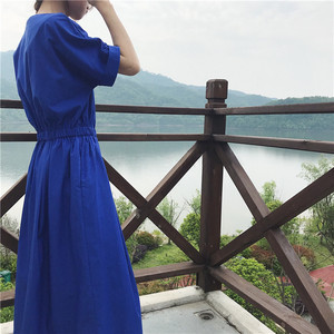 即納 半袖ワンピースコットンドレス ブルー Vネック リゾート 安い 抜け感 開襟 Aライン ロング丈 Aerg アーグ レディースアパレル通販サイト