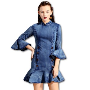 チャイナ風 デニム ワンピース 長袖 Z504 Zizzle 気軽に着れるボヘミアン ファッション