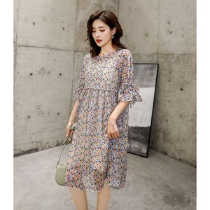 春夏 ドレス ワンピース 袖あり 五分袖 花柄 ひざ丈 シフォン ゆったり エレガント ガーリー お呼ばれ 街角のカフェテラス