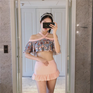 水着 タンキニ ビキニ フリル 花柄 スイート 大人可愛い クロスネック ガーリー 大きいサイズ ピンク 着痩せ リゾート プール 海 バカンス Db0066 Dbstyle 海外アパレル 韓国ファッション