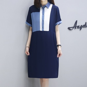 大きいサイズのレディース 夏新作 ワンピース バイカラーワンピ バイカラー ワンピース 配色切り替え 襟つきワンピース 襟付きワンピース 半袖 ワンピース レディース 膝丈ワンピース Iラインワンピース 大人カジュアル レディース ネイビーブルー 紺色 P6817 Kirari