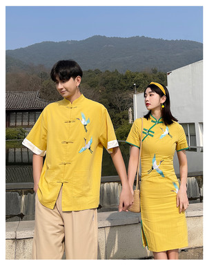 鶴 チャイナドレス ワンピース 0916 メンズチャイナシャツ チャイナ服 カップル ペアルック リンクコーデ カジュアル お揃い デート 夫婦 親子 カップルのリンクコーデ専門店 Pair Cele ペアセレ