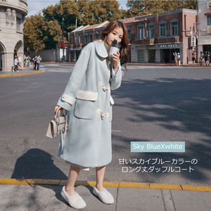 Regit 即納 Sky Blue Duffel Long Coat 韓国ファッション ロングコート かわいい 冬用アウター 10代代 コート かわいいコート スカイブルー ダッフルコート ラウンド襟 丸いえり Regit