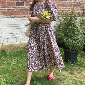 韓国 マキシワンピース レディース 半袖 リボン ハイウエスト 春夏 メリット バルーンスリーブ 花柄 ロングワンピ Ll Lililapis