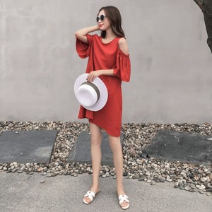 国内配送 春夏 ドレス ミニドレス ワンピース 袖あり 肩出し 無地 カジュアル ガーリー ビーチ リゾート 安い Alirezatalischi Com