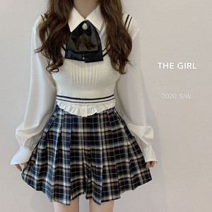 レディースファッション 3点セット ベスト ブラウス シャツ ミニスカート ニットベスト 白いシャツ プリーツスカート セットアップ 秋冬 コーデ 新作 More Lluze モア ルーゼ