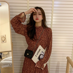 キャンディスリーブシフォンワンピース 長袖 スカート ハイネック フラワー 花柄 ふんわり フェミニン 大人可愛い ミモレ ロング 春夏 S S レディース 2色 Macaron