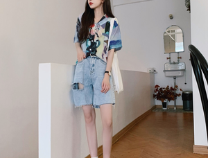 個性的 シャツ 半袖 プリント イラスト かわいい レトロ クール ブルー 海 韓国ファッション ガラ オルチャン 552 Sweetly
