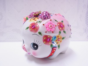 キラキラ可愛い風水花豚貯金箱ピンク