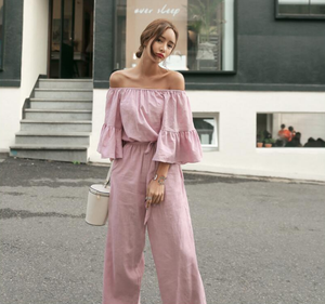 送料無料 ラブリー ピンク ビッグフレアスリーブ ベルスリーブ オフショルダー デタッチドスリーブ ウエストリボン ジャンプスーツ フェミニン セクシー 通勤 通学 デート お出かけ レジャー デイリー Ai 010kw Imagibune