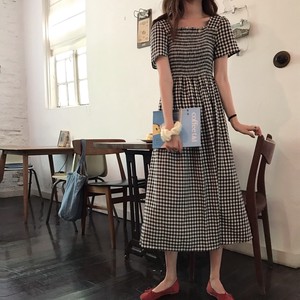 レトロ 半袖 ワンピース ロングワンピース チェック柄 5125 Macaron