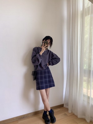 チェック柄ミニスカート 秋冬 A W デザイン 学生風 古着 レトロ ファッション 韓国 2色 Macaron