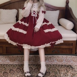 M0325 ロリータ ワンピース 秋冬 長袖 可愛い ゆめかわいい エレガント レースアップ Red Magicspice