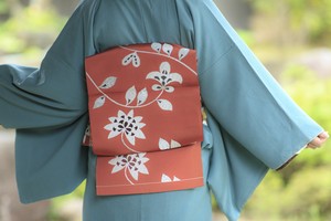 朱色にツタと花模様 洒落袋帯 朱色にツタと花模様 洒落袋帯