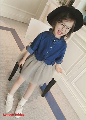 デニムワンピース キッズ 前開き ボタンシフォンスカート女の子 100 110 1 130ジュニア 子ども キッズ 子供服 キッズ服 韓国子供服 韓国 韓国レディース キッズファッション Londonbridge ロンドンブリッジ