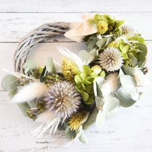 ユーカリとルリ玉アザミのナチュラルドライフラワーハーフムーンリース Mon Ange ハンドメイドアクセサリー プリザーブドフラワーショップ