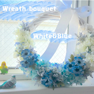 送料無料 直径33cm アジサイとアネモネのブーケリース デルフィニウム ホワイトブルー ブライダル ウェディング 結婚 婚約 前撮り 新婦 Studio Kukka スタジオクッカ