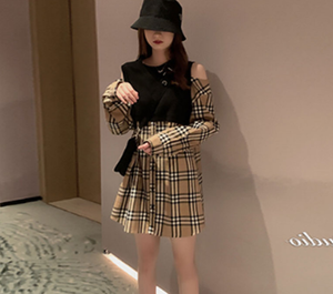 肩出し 肩あき チェック柄 レトロ レイヤード風 ビスチェ風 ワンピース ｒ395 Rumina Select Shop