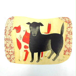 MiWポストカード「黒犬チョークと赤班犬のテン」