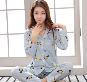 パジャマ ルームウェア レディース 寝巻き 部屋着 上下セット 長袖 前開き おしゃれ 大きいサイズ Xl 2xl 3xl 春 夏 10代 代 30代 40代 ブルー 水色 パイナップル フルーツ柄 コットン パジャマ パーティー 爽やか 軽やか 旅行 女子旅 ルームウェア 2点セット