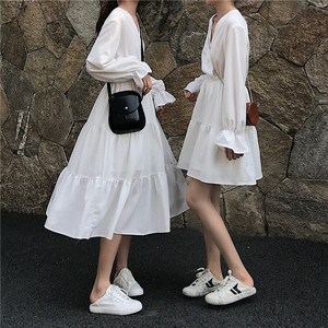 双子コーデ 2色 2種類 フリルワンピース フリル フリル袖 Vネック ロング ショート 長袖 ハイウエスト ゆったり 0025 Macaron