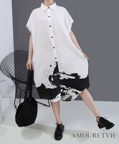 和柄が印象的なスタイリッシュなシャツ系ワンピース Base Mag