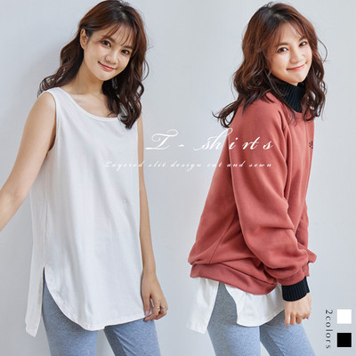 付け裾 カットソー Tシャツ レディース スリット レイヤード風 トップス 重ね着 インナー Base Mag