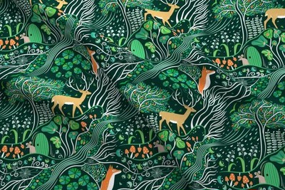 エメラルド色の森 美しい森のニンフ 生地 葉 グリーン 森林 輸入生地 緑 Base Mag