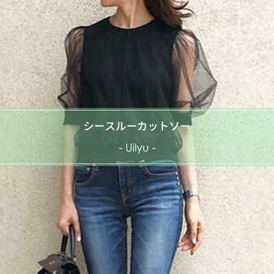 シースルーカットソー シアーシャツ ドレスシャツ ラウンドネック ベルスリーブ 黒 Tシャツ