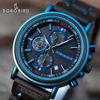 Bobo Bird ボボバード クロノグラフ防水メンズ木製腕時計をご紹介します 爽やかな青色 Base Mag
