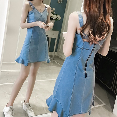 Vネック フリル デニム ジーンズ チャック ワンピース かわいい Popsite3 レディース メンズ かわいい 可愛い かっこいい 運動 ダイエット アパレル 服 アクセサリーなど