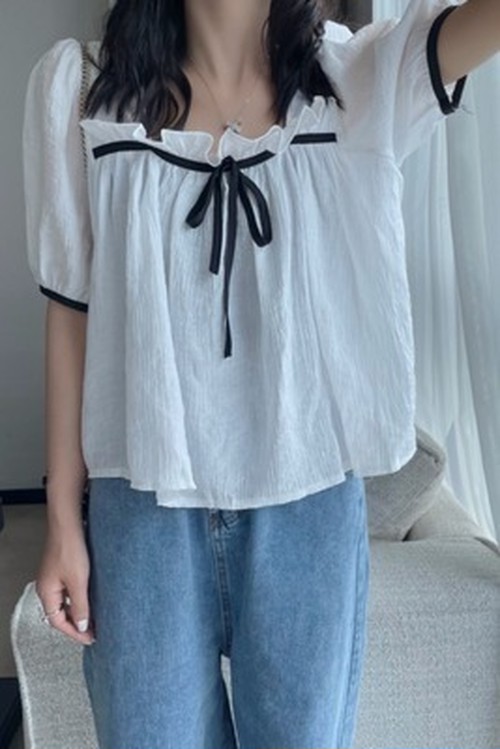 送料無料 フランス語 緻 シフォン半袖 トップス 女性 設計感 白 シャツ 夏 薄 A 韓国レディースファッション通販 Whidy