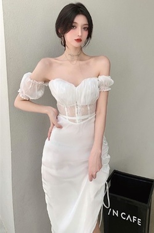 送料無料 仙 ワンライン肩 白 シフォンワンピース 女 夏 レトロ 不規則な 巾着スカート A 韓国レディースファッション通販 Whidy