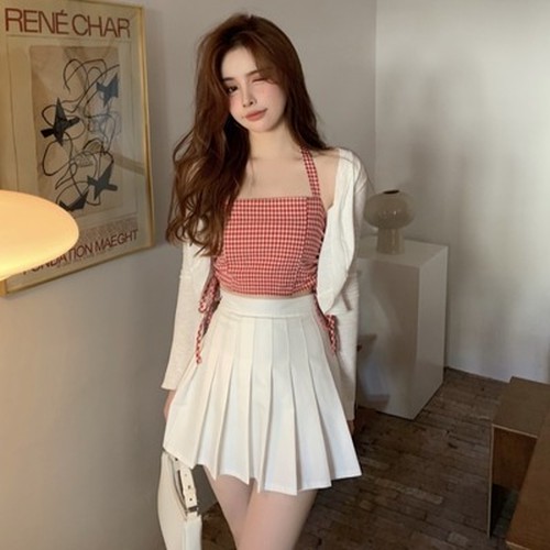 送料無料 省 女性のスーツ セット 夏 ベスト カーディガン プリーツスカート A 韓国レディースファッション通販 Whidy