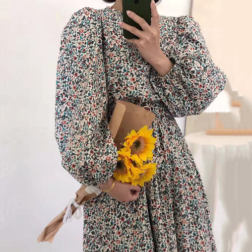 送料無料 ワンピース ロング丈 ロングワンピース 長袖 パフスリーブ ラウンドネック 花柄 小花柄 フローラル 総柄 Aライン ゆったり 体型カバー お洒落 ガーリー レトロ シック フェミニン カジュアル 春 デート 女子会 お出かけ お呼ばれ コーデ 旅行 Eine Katze