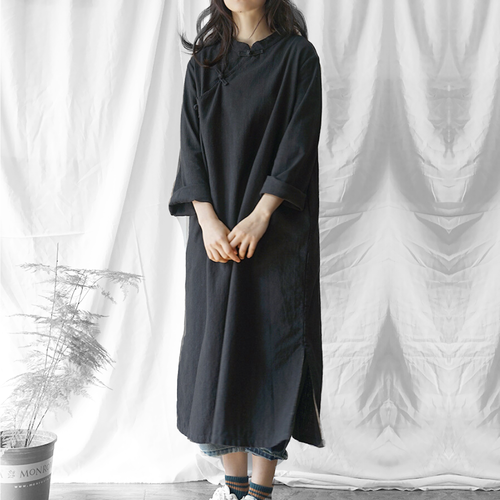 リネン チャイナレトロロングワンピース O72 Leaf Tone