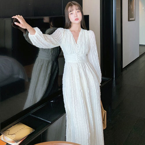 ウエストギャザーロングワンピース ワンピース ロングスカート Vネック ハイウエスト 長袖 かわいい 人気 レディース 安い 韓国ファッション 6016 Sinsakumall