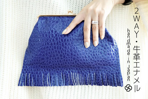 2way Leather Fringe Gamaguchi Clutch Bag Handmade 手作り牛革エナメルフリンジがま口クラッチバッグポーチハンドメイド Atelier Riccisan S