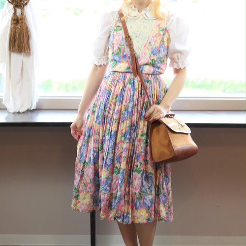 French Vintage Flower Patterned No Sleeve One Piece フランス古着花柄ノースリーブワンピース Titti Clothing